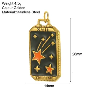 Close-up detail of The Star tarot card pendant in golden stainless steel with dimensions