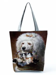 Close-up of a versatile tote bag featuring a cute white poodle and kittens print