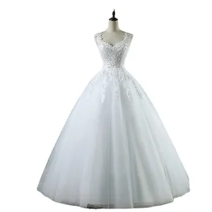 Elegant French V-neck sleeveless ball gown wedding dress with lace floral embroidery
