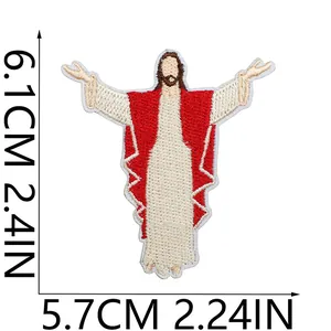 Vista detallada del parche bordado de Jesús con dimensiones de 6,1 cm x 5,7 cm