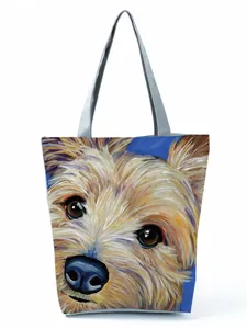 Detailed view of artistic Yorkshire Terrier oil painting print on spacious tote bag