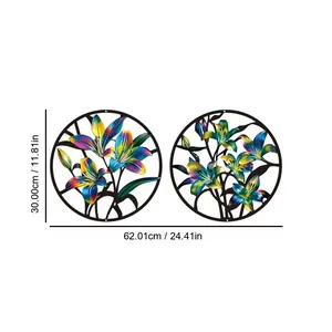 Decorative laser cut metal wall art with colorful lily flowers, size 24.41 x 11.81 in