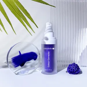 V34 Colour Corrector purple teeth whitening serum in pump bottle on aesthetic background