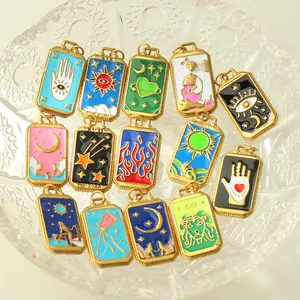 Stainless Steel Tarot Card Pendant Enamel Gold Rectangle Sun Moon Star Hamsa Hand Evil Eye DIY Necklace Jewelry Accessory