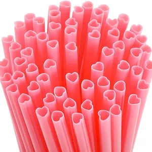 Pailles créatives roses en forme de cœur en plastique PP de qualité alimentaire pour fête
