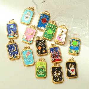 Assorted gold-plated stainless steel tarot card pendants with colorful enamel inlay