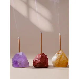 Natural crystal raw stone incense holder set for aromatherapy and meditation