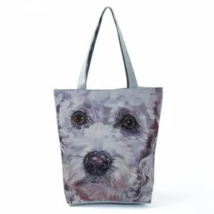 Creative large capacity tote bag featuring a cute white poodle oil painting style print