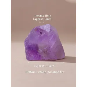 Natural raw purple amethyst crystal stone incense holder with a hand-polished flat base