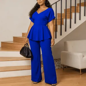 Ensemble Deux Pièces Casual Femme Haut Et Bas Haut Peplum À Lacets Pantalon Large À Taille Haute Vêtement Été Polyester