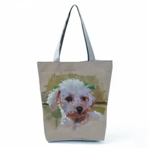 Artistic large capacity canvas tote bag featuring cute poodle dog oil painting print