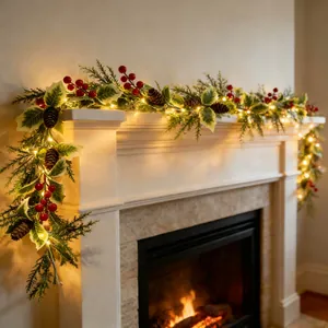 Detailansicht der festlichen Weihnachtsgirlande mit roten Beeren auf dem Kaminsims