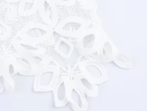 Close-up detail of white intricate water-soluble lace embroidery on a French style blouse.