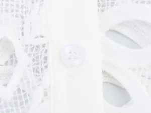 Macro view of white water-soluble embroidery lace shirt showing button and texture