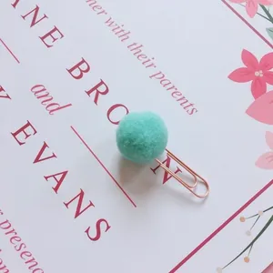 Close-up detail of a decorative rose gold paper clip featuring a soft mint green pom-pom