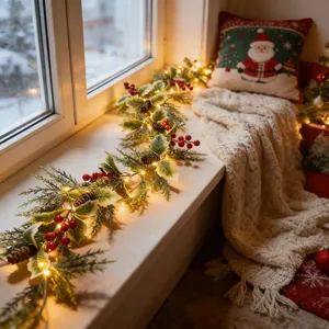 Detailaufnahme einer künstlichen Weihnachtsgirlande mit Beeren und Zapfen auf dem Fensterbrett.