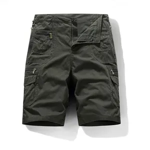 Men's loose fit multi-pocket cargo shorts in dark olive green, summer casual style.