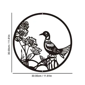 Laser-cut metal wall art showing bird and flower design with 30cm dimension markers