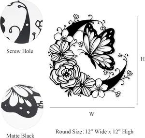 Detail of laser-cut butterfly moon wall art showing screw hole and matte black finish