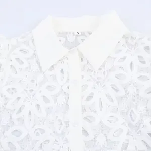 Elegant French style white water-soluble embroidery lace shirt with a classic pointed collar