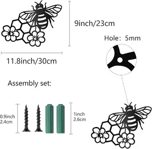 Detailed dimensions and assembly kit for black metal bee and honeycomb wall art decor
