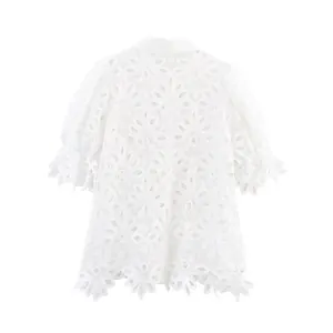 French style white water-soluble lace embroidered shirt with puff sleeves