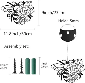 Detailed size guide for black bee sunflower metal wall art decoration with assembly hardware.