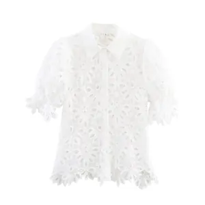 French style white embroidered lace lapel blouse with short puff sleeves on white background