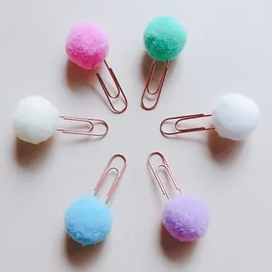 Creative set of 6 colorful pom-pom paper clips with rose gold finish for office decor