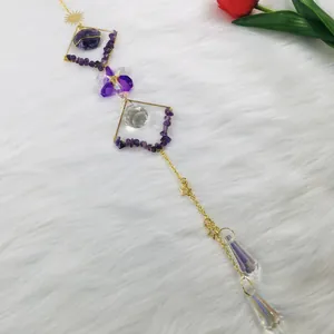 Detailed view of handmade amethyst suncatcher with crystal pendants and gold star chain