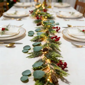 Nahaufnahme einer Weihnachtsgirlande mit roten Beeren, Zapfen und warmen LED-Lichtern.
