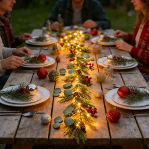Detailansicht einer Eukalyptus-Weihnachtsgirlande mit LED-Lichtern auf einem Holztisch