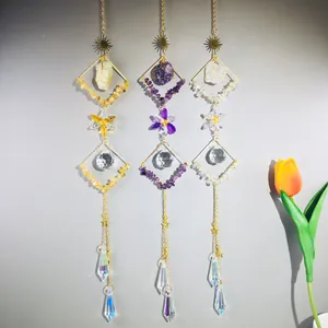 Natural Amethyst Citrine Crystal Suncatcher Prism Wind Chimes Handmade Metal Geometric Hanging Decor For Window Garden Boho Home Decoration