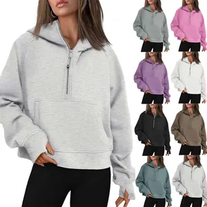 Sweat à Capuche Femme Demi-Zip Doublé Polaire Sweat-shirt Oversize Hiver Haut à Manches Longues Avec Poche Kangourou Et Passe-pouces