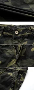 Detailed views of camouflage cargo shorts featuring metal zipper, button, and side pocket