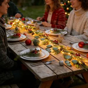 Festliche LED-Weihnachtsgirlande mit Tannenzapfen und roten Beeren auf dem Holztisch