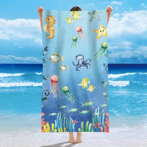 Large microfiber beach towel with a vibrant underwater sea life cartoon pattern