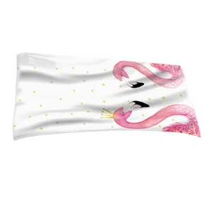 Premium soft microfiber beach towel featuring watercolor pink flamingos and yellow polka dots