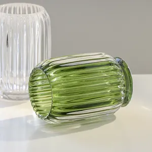 Elegant ribbed green glass makeup brush holder and storage bucket for vanity desk decor