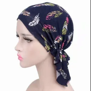 Detail view of a navy blue printed headscarf with colorful feather pattern