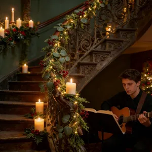 Gemütliche Weihnachtsgirlande mit roten Beeren und LED-Lichtern auf alter Treppe.