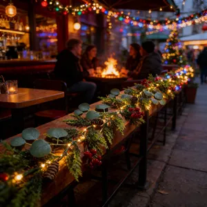 Detailansicht einer künstlichen Weihnachtsgirlande mit LED-Lichtern Beeren und Eukalyptus