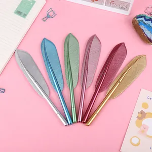 Set of six metallic feather-shaped gel pens with 0.5mm needle tips for gifts.