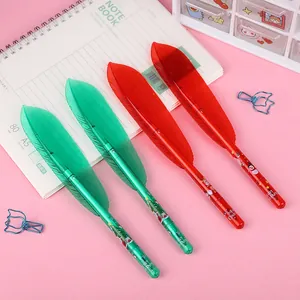 Detail view of creative green and red feather-shaped gel pens with Christmas theme design.