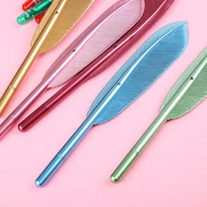 Macro view of stylish metallic feather-shaped gel pens in various vibrant colors.