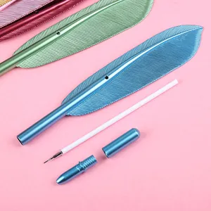 Detailed macro view showing disassembled parts of a creative metal feather gel pen in blue
