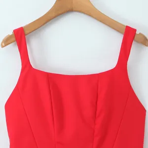 Vibrant red square neck sleeveless mini dress featuring wide straps and slim fit silhouette