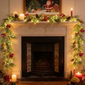 Detailansicht einer Weihnachtsgirlande mit LED-Leuchten, roten Beeren und Zapfen