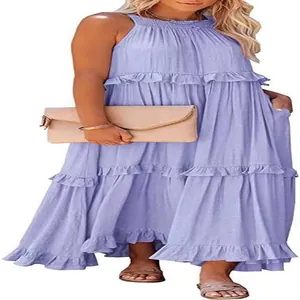 Lavender tiered halter sleeveless maxi dress with textured fabric for elegant summer