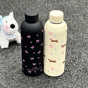 Bouteille Isotherme Portabel en Acier Inoxydable Motif Dessin Animé Teckel Nœud Papillon Gobelet Thermique pour Femmes Étudiants Voyage École